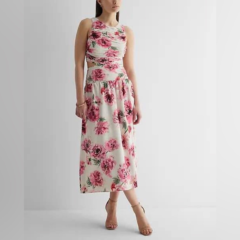 Express Pink and Green Midi Dress for Weddings with Side and Back Cut Out